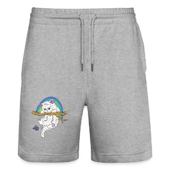 Cat on branch plays with butterfly - Stanley/Stella Trainer Unisex Organic Jogging Shorts - heather grey - Front - Nik (191cm) & Marisol (170cm)