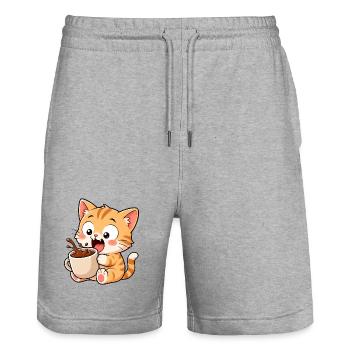 Chat mignon Coffee Coffee Lover dessin animé drôle - Short de jogging bio TRAINER Stanley/Stella unisexe - gris chiné - Devant - Nik (191cm) & Marisol (170cm)