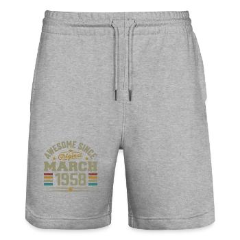 Geschenkidee zum Geburtstag März 1958, Jahrgang 1958 - Stanley/Stella Unisex Bio Joggingshorts Trainer  - Grau meliert - Vorne - Nik (191cm) & Marisol (170cm)