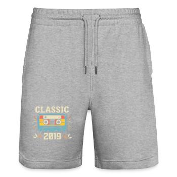 Vintage 2019 Retro Birthday Cassette 2019 - Stanley/Stella Trainer Unisex Organic Jogging Shorts - heather grey - Front - Nik (191cm) & Marisol (170cm)