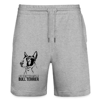 Bull Terrier life is better Hundespruch Wilsigns - Stanley/Stella Unisex Bio Joggingshorts Trainer  - Grau meliert - Vorne - Nik (191cm) & Marisol (170cm)