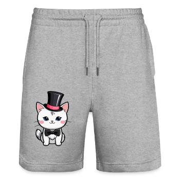 Chat blanc avec un chapeau et nœud papillon - Short de jogging bio TRAINER Stanley/Stella unisexe - gris chiné - Devant - Nik (191cm) & Marisol (170cm)