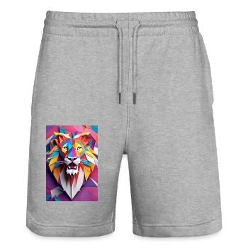 Monarque du coucher du soleil : Majesté de lion sculpté - Short de jogging bio TRAINER Stanley/Stella unisexe - gris chiné - Devant - Nik (191cm) & Marisol (170cm)