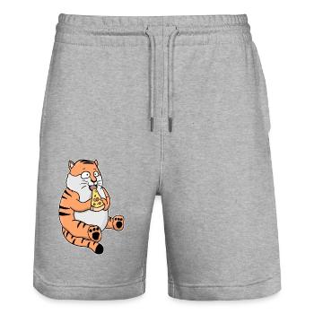 Fat Tiger Eating Pizza Funny Comic Style - Stanley/Stella Trainer Unisex Organic Jogging Shorts - heather grey - Front - Nik (191cm) & Marisol (170cm)