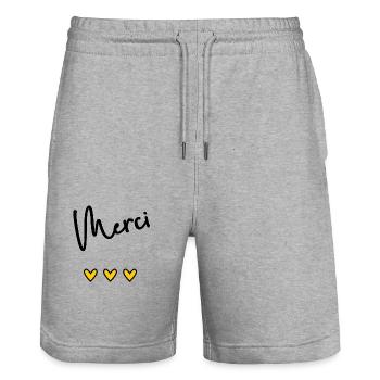 MERCI. THANKS. THANK YOU. ANNIVERSAIRE. NAISSANCE. - Short de jogging bio TRAINER Stanley/Stella unisexe - gris chiné - Devant - Nik (191cm) & Marisol (170cm)