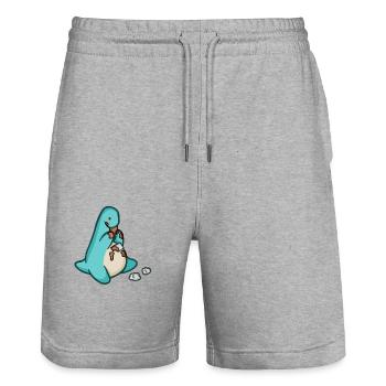 hugadino dino eats chocolate, cute dinosaur - Stanley/Stella Trainer Unisex Organic Jogging Shorts - heather grey - Front - Nik (191cm) & Marisol (170cm)