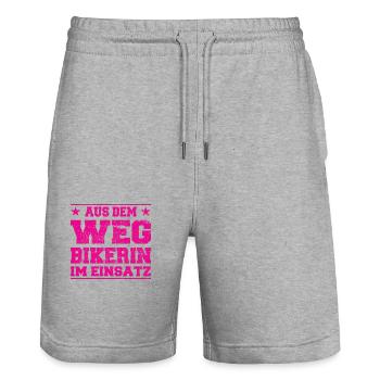 Aus dem Weg - Bikerin im Einsatz Design - Stanley/Stella Unisex Bio Joggingshorts Trainer  - Grau meliert - Vorne - Nik (191cm) & Marisol (170cm)
