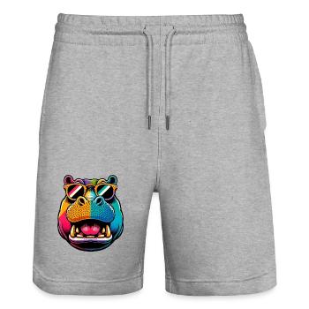 Hippopotamus with Sunglasses - Stanley/Stella Trainer Unisex Organic Jogging Shorts - heather grey - Front - Nik (191cm) & Marisol (170cm)