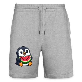 Funny Penguin with Melon Summer Fruit Cartoon - Stanley/Stella Trainer Unisex Organic Jogging Shorts - heather grey - Front - Nik (191cm) & Marisol (170cm)