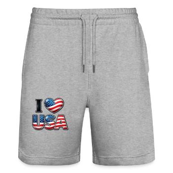 I Love USA – Patriotische Botschaft Emblem-Flagge - Stanley/Stella Unisex Bio Joggingshorts Trainer  - Grau meliert - Vorne - Nik (191cm) & Marisol (170cm)
