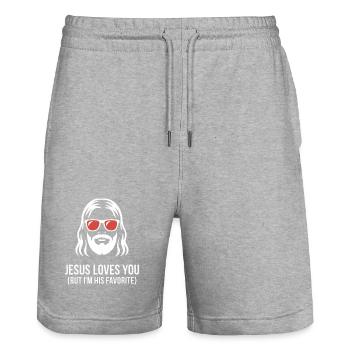 Jesus liebt dich Ich bin sein Lieblingsshirt - Stanley/Stella Unisex Bio Joggingshorts Trainer  - Grau meliert - Vorne - Nik (191cm) & Marisol (170cm)