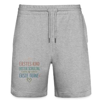 Erstes Kind Erster Schultag Einschulung 2026 - Stanley/Stella Unisex Bio Joggingshorts Trainer  - Grau meliert - Vorne - Nik (191cm) & Marisol (170cm)