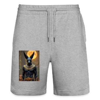 Anubis, dieu à tête de chacal, debout dans une - Short de jogging bio TRAINER Stanley/Stella unisexe - gris chiné - Devant - Nik (191cm) & Marisol (170cm)