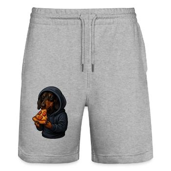 Dackel im Hoodie beim Pizzaessen - Stanley/Stella Unisex Bio Joggingshorts Trainer  - Grau meliert - Vorne - Nik (191cm) & Marisol (170cm)