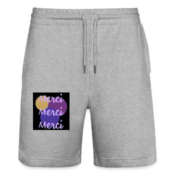 MERCI. THANKS. THANK YOU. ANNIVERSAIRE. NAISSANCE. - Short de jogging bio TRAINER Stanley/Stella unisexe - gris chiné - Devant - Nik (191cm) & Marisol (170cm)
