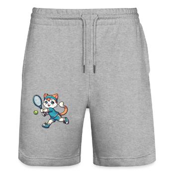 Sporty cat: tennis player - Stanley/Stella Trainer Unisex Organic Jogging Shorts - heather grey - Front - Nik (191cm) & Marisol (170cm)
