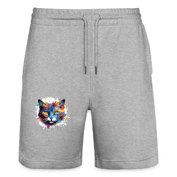 Tête de chat Pop Art - Short de jogging bio TRAINER Stanley/Stella unisexe - gris chiné - Devant - Nik (191cm) & Marisol (170cm)