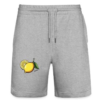 Zitrusleuchten: Gelbe Zitrone mit Blättern - Stanley/Stella Unisex Bio Joggingshorts Trainer  - Grau meliert - Vorne - Nik (191cm) & Marisol (170cm)