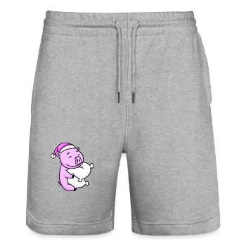 Cochon avec oreiller et bonnet de couchage - Short de jogging bio TRAINER Stanley/Stella unisexe - gris chiné - Devant - Nik (191cm) & Marisol (170cm)