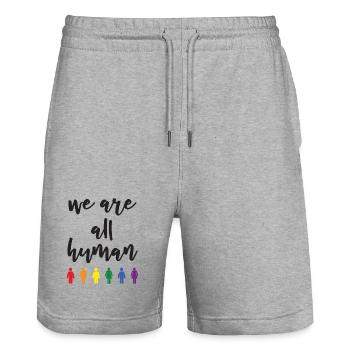 Mois de la fierté - Nous sommes tous humains - Short de jogging bio TRAINER Stanley/Stella unisexe - gris chiné - Devant - Nik (191cm) & Marisol (170cm)