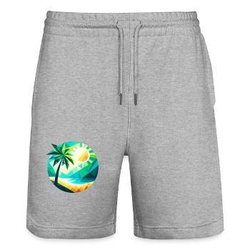 Palme in einer Bucht im Polygon-Stil - Stanley/Stella Unisex Bio Joggingshorts Trainer  - Grau meliert - Vorne - Nik (191cm) & Marisol (170cm)