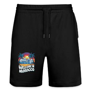 Marokkanische Abenddämmerung Mit Stadt Und Palme - Stanley/Stella Unisex Bio Joggingshorts Trainer  - Schwarz - Vorne - Nik (191cm) & Marisol (170cm)