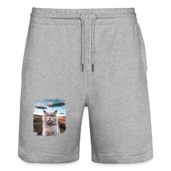 Funny British Shorthair Cat selfie with Alien UFOs - Stanley/Stella Trainer Unisex Organic Jogging Shorts - heather grey - Front - Nik (191cm) & Marisol (170cm)