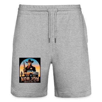 Texas Sheriff - Stanley/Stella Trainer Unisex Organic Jogging Shorts - heather grey - Front - Nik (191cm) & Marisol (170cm)