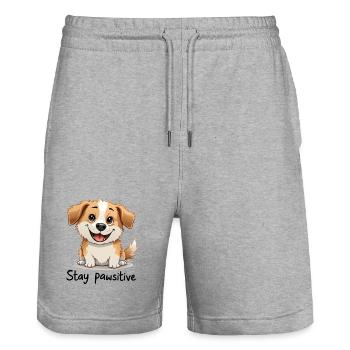 "Bleib pfotenhaft." Hund mit breitem Grinsen - Stanley/Stella Unisex Bio Joggingshorts Trainer  - Grau meliert - Vorne - Nik (191cm) & Marisol (170cm)