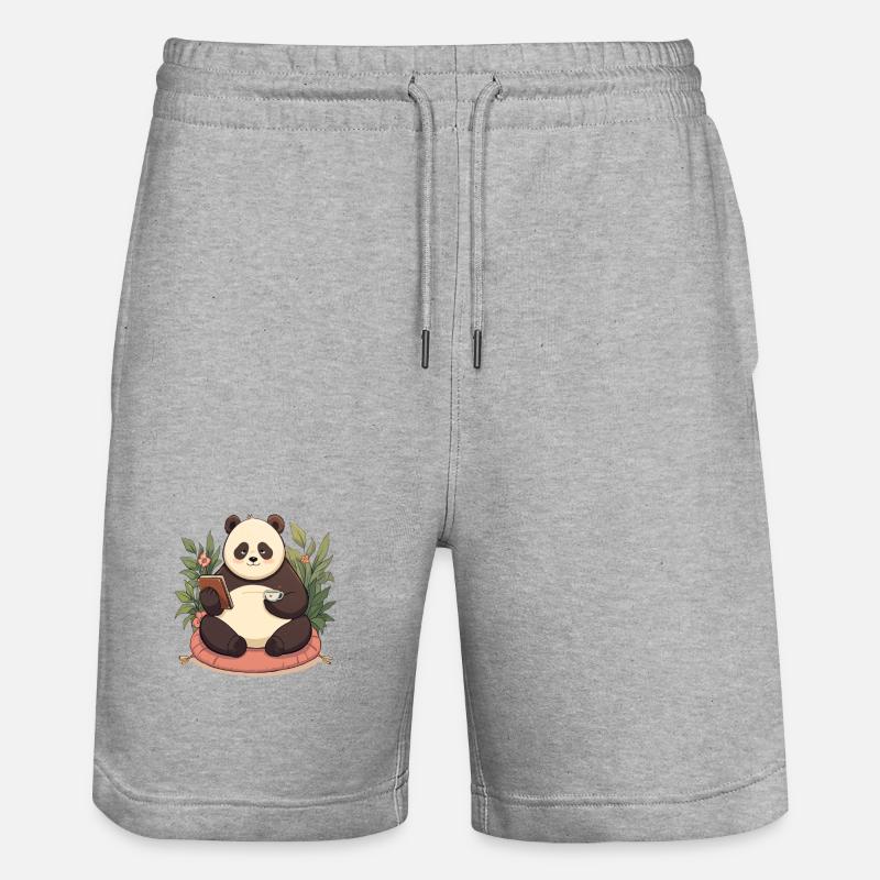 Panda beim Lesen mit Tee - Stanley/Stella Unisex Bio Joggingshorts Trainer - Grau meliert