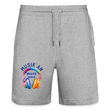 Music On - World Off - Casque - Cadeau Musicien - Short de jogging bio TRAINER Stanley/Stella unisexe - gris chiné - Devant - Nik (191cm) & Marisol (170cm)