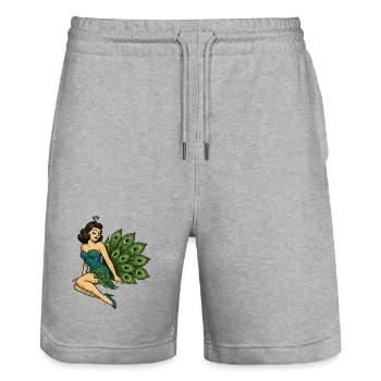 Peacock Pinup in Vintage Blue - Stanley/Stella Trainer Unisex Organic Jogging Shorts - heather grey - Front - Nik (191cm) & Marisol (170cm)