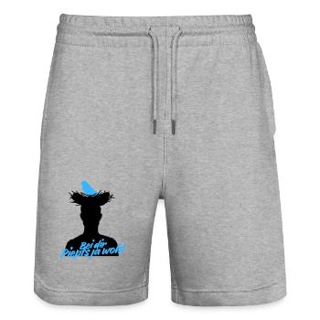 Bei dir piepts ja wohl – Vogel Spruch - Stanley/Stella Unisex Bio Joggingshorts Trainer  - Grau meliert - Vorne - Nik (191cm) & Marisol (170cm)