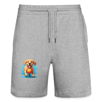 Dessin animé Chien joyeux avec balle - Short de jogging bio TRAINER Stanley/Stella unisexe - gris chiné - Devant - Nik (191cm) & Marisol (170cm)