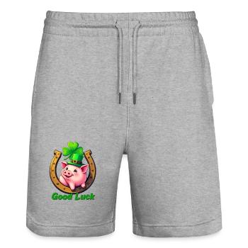 Cochon chanceux avec trèfle - Short de jogging bio TRAINER Stanley/Stella unisexe - gris chiné - Devant - Nik (191cm) & Marisol (170cm)