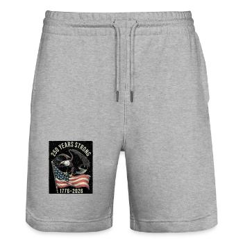 250 Years Strong 1776–2026 - Stanley/Stella Trainer Unisex Organic Jogging Shorts - heather grey - Front - Nik (191cm) & Marisol (170cm)