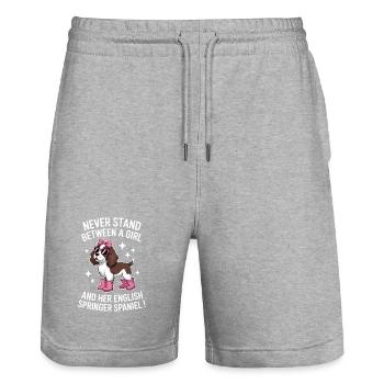 English Springer Spaniel Sprüche Hunde Geschenk - Stanley/Stella Unisex Bio Joggingshorts Trainer  - Grau meliert - Vorne - Nik (191cm) & Marisol (170cm)