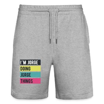 Je suis Jorge qui fait des couleurs rétro de Jorge - Short de jogging bio TRAINER Stanley/Stella unisexe - gris chiné - Devant - Nik (191cm) & Marisol (170cm)