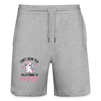Je ne t’entends pas en écoutant de la K-Pop - Short de jogging bio TRAINER Stanley/Stella unisexe - gris chiné - Devant - Nik (191cm) & Marisol (170cm)