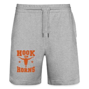 Hook Em Horns Bull Skull Design - Stanley/Stella Trainer Unisex Organic Jogging Shorts - heather grey - Front - Nik (191cm) & Marisol (170cm)