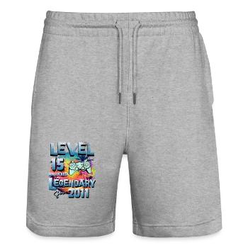 Level 15 years Unlocked since 2011 Birthday - Stanley/Stella Trainer Unisex Organic Jogging Shorts - heather grey - Front - Nik (191cm) & Marisol (170cm)