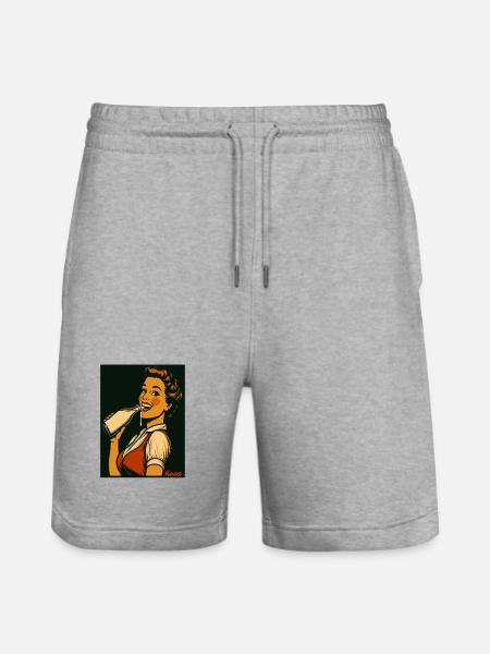 Retro Dame mit Milch Getränk - Stanley/Stella Unisex Bio Joggingshorts Trainer - Grau meliert