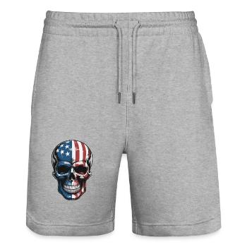 USA Totenkopf - Patriot Skull Design - Stanley/Stella Trainer Unisex Organic Jogging Shorts - heather grey - Front - Nik (191cm) & Marisol (170cm)