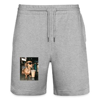 Dackel trink Eiskaffee, Lustiges Dackel Foto - Stanley/Stella Unisex Bio Joggingshorts Trainer  - Grau meliert - Vorne - Nik (191cm) & Marisol (170cm)