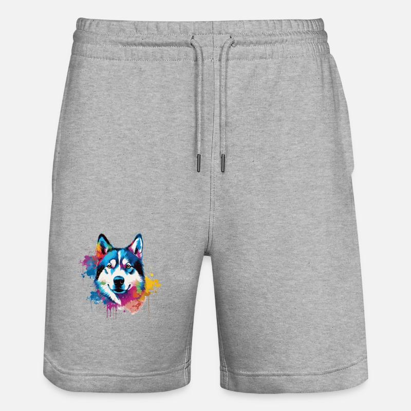 Bunter Husky Splash Art Hund - Stanley/Stella Unisex Bio Joggingshorts Trainer  - Grau meliert