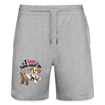 I Love Taek-woof-do Martial Arts Puppy - Stanley/Stella Trainer Unisex Organic Jogging Shorts - heather grey - Front - Nik (191cm) & Marisol (170cm)