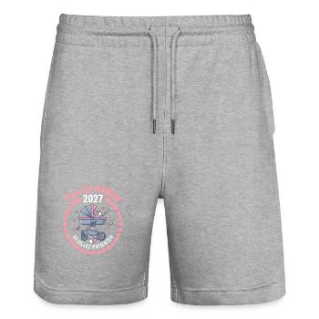 Bientôt Maman 2027 Annonce Grossesse Cadeau - Short de jogging bio TRAINER Stanley/Stella unisexe - gris chiné - Devant - Nik (191cm) & Marisol (170cm)