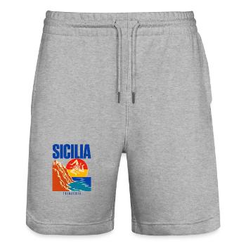 Sicilia Travel Poster, Trinacria Sicilian Flag Pri - Stanley/Stella Trainer Unisex Organic Jogging Shorts - heather grey - Front - Nik (191cm) & Marisol (170cm)
