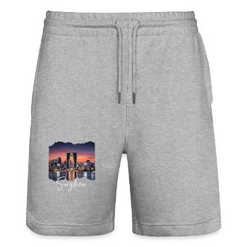 Suzhou Skyline Sunset Script - Stanley/Stella Trainer Unisex Organic Jogging Shorts - heather grey - Front - Nik (191cm) & Marisol (170cm)