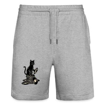 Lustige Katze auf Schallplatten Vinyl LP Musik - Stanley/Stella Unisex Bio Joggingshorts Trainer  - Grau meliert - Vorne - Nik (191cm) & Marisol (170cm)